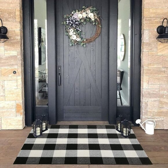 Buffalo Check Door Mat Black and White Outdoor Rug 27.5 x 43 Inches Hand-Woven - Picture 1 of 7